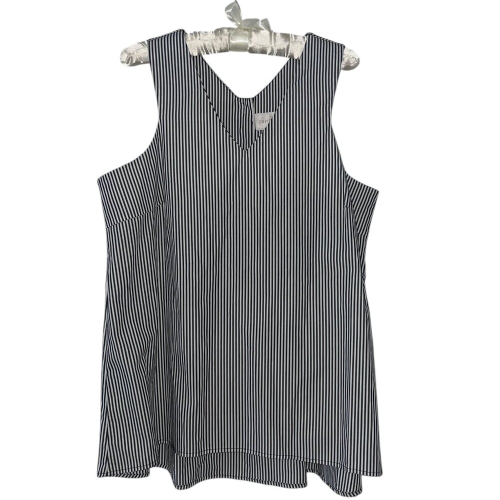 NWT Cupio 100% Cotton Sleeveless‎ Black & White Striped V Neck Relaxed Fit Top M